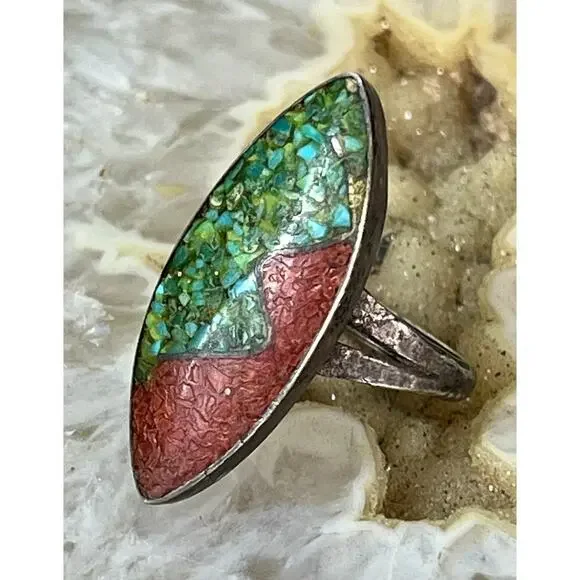 Old Pawn Sterling Silver Southwestern Turquoise Red Coral Inlay Ring Size 7.75